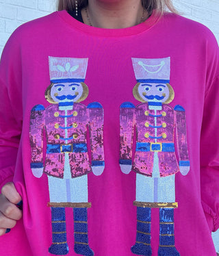 Hot Pink Sequin Nutcracker Sweatshirt- 10 FUNCTION FLASHLIGHT,CHRISTMAS,Curvy,nutcracker,Seasonal,SEQUIN,Tops-Ace of Grace Women's Boutique