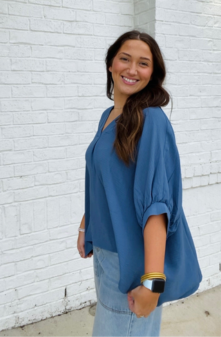 Blue V-neck Puff Sleeve Top- blue,blue top,clothing,Curvy,FALL,fall clothes,fall transition,loose fit,Perfect for work,PUFF,PUFF SLEEVE,puff sleeves,Tops,work,WORK SHIRT,WORK TOP-Ace of Grace Women's Boutique