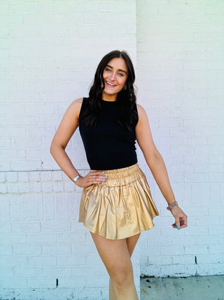 Gold Metallic High Waisted Skort- ACTIVE SHORTS,athletic shorts,dressy shorts,flowy shorts-Ace of Grace Women's Boutique