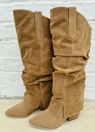 Brown Foldover Slit Boot- BOOTS, cowboy boots, cowgirl boots, Foldover, FOOTWEAR, gameday, Shoes, SIDE SLIT, suede boots, tall boots, tan boots, taupe boots-Ace of Grace Women's Boutique