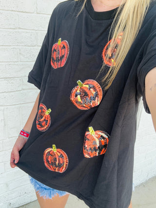 Sequin Jack-o-Lantern Top- Curvy,FALL,HALLOWEEN,halloween shirt,Halloween tshirt,PLUS,pumpkin,Seasonal,SEQUIN,Tops-Ace of Grace Women's Boutique