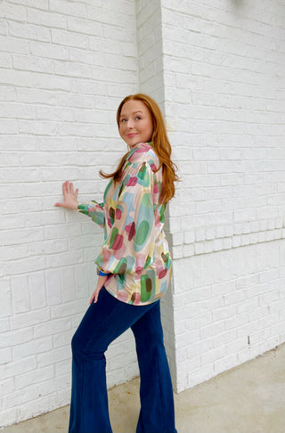 Abstract Smocked Satin Blouse- blouse, clothing, Curvy, PLUS, plus size, PLUS SIZE TEE, PLUS SIZE TOP, plus sizes, Tops, work, WORK SHIRT, WORK TOP-Ace of Grace Women's Boutique