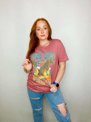 Free Bird America World Tour Light Burgundy Tee- clothing, Free Bird, FREE SPIRIT, FREE SPIRIT TEE, GRAPHIC TEE, Graphic Tees, OVERSIZED TEE, Tops-Ace of Grace Women's Boutique