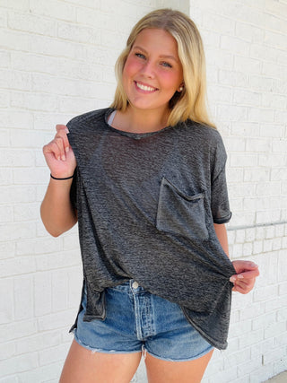 Black Burnout Tee- BLACK,Burnout,pocket shirt,Sheer,summer,Thin,Toos,Tops-Ace of Grace Women's Boutique