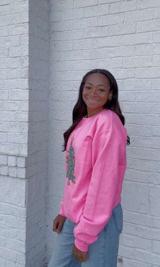 Neon Pink Faux Yarn Christmas Tree Sweatshirt- CHRISTMAS,CHRISTMAS CHEER,christmas sweatshirt,Christmas tee,christmas top,Christmas tshirt,Curvy,MERRY CHRISTMAS,PLUS,Seasonal,Tops-Ace of Grace Women's Boutique