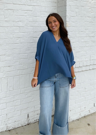 Blue V-neck Puff Sleeve Top- blue, blue top, clothing, Curvy, FALL, fall clothes, fall transition, loose fit, Perfect for work, PUFF, PUFF SLEEVE, puff sleeves, Tops, work, WORK SHIRT, WORK TOP-Ace of Grace Women's Boutique