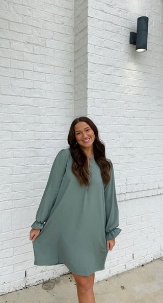 Long Sleeve Dress with Collared Neck- blue dress, church dress, clothing, COLLARED DRESS, Curvy, dress, dresses & rompers, Dressy, FALL, fall clothes, flowy dress, GREEN DRESS, GREEN PLUS SIZE DRESS, NAVY, Navy blue, olive, plus size dress, WOMENS DRESS, WOVEN-Green-M-Ace of Grace Women's Boutique