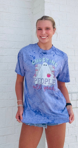 Ghosting People All Year Tee- clothing,COLORFUL GRAPHIC TEE,COMFORT COLOR,COMFY,Curvy,fall clothes,ghost,ghosts,graphic,graphic T-shirt,GRAPHIC TEE,Graphic Tees,graphic tshirt,HALLOWEEN,halloween shirt,Halloween tshirt,Seasonal,Tops-Ace of Grace Women's Boutique