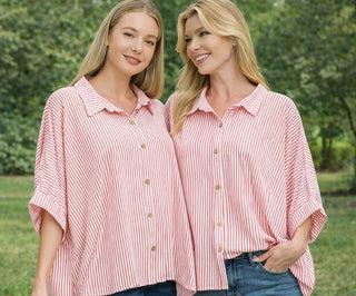 Woven Stripe Button Down Boxy Top- clothing,Curvy,ROOMY,Seasonal,Stripe,STRIPED,STRIPED TOP,stripes,Tops-Ace of Grace Women's Boutique