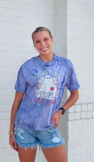 Ghosting People All Year Tee- clothing,COLORFUL GRAPHIC TEE,COMFORT COLOR,COMFY,Curvy,fall clothes,ghost,ghosts,graphic,graphic T-shirt,GRAPHIC TEE,Graphic Tees,graphic tshirt,HALLOWEEN,halloween shirt,Halloween tshirt,Seasonal,Tops-Ace of Grace Women's Boutique
