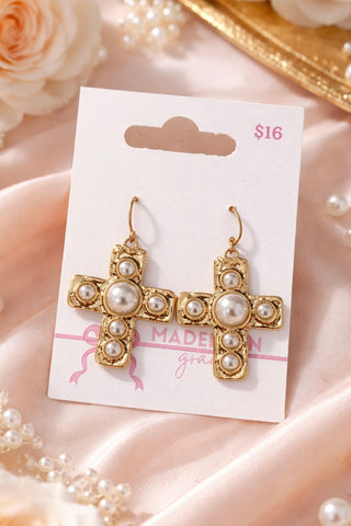Madelynn Grace Pearl Cross Earrings- Accessories,accessory,Cross gold,earring,EARRINGS,Jewelry,Madelynn,MadelynnGrace,PEARL-Ace of Grace Women's Boutique