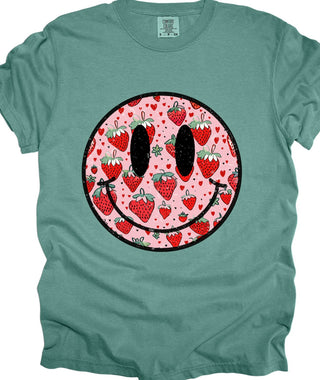 Strawberry Happy Face T-Shirt (Custom)- COMFORT COLOR,Comfortable,Curvy,Custom,graphic,graphic T-shirt,GRAPHIC TEE,Graphic Tees,graphic tshirt,PLUS,PREORDER,Pressed,Strawberry,summer,summer shirt,SUMMER TOP,Tops-Ace of Grace Women's Boutique