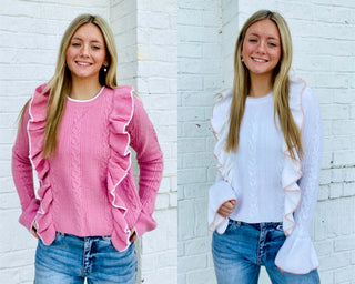 Cable Knit Ruffle Sweater- bow sweater,clothing,cream sweater,fuzzy sweater,knit sweater,LIGHT PINK,pink,pink sweater,pink top,RUFFLE SWEATER,RUFFLE TOP,ruffled,RUFFLED SWEATER,RUFFLES,Sale,Seasonal,SWEATER,sweater top,sweaters,Tops,white sweater-Ace of Grace Women's Boutique