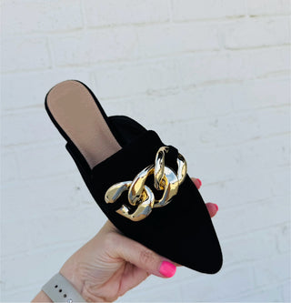 Black Mules with Gold Chain-shoe- chain,FOOTWEAR,gold chain,Mule,shoe,Shoes-Ace of Grace Women's Boutique
