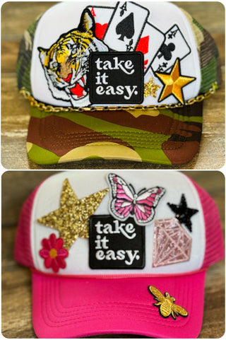 Take It Easy Trucker Hat- Accessories, accessory, camo, camo hat, cap, hair accessory, hats, MadelynnGrace, Pink hat, Take it easy, trucker hat, trucker hats-Ace of Grace Women's Boutique