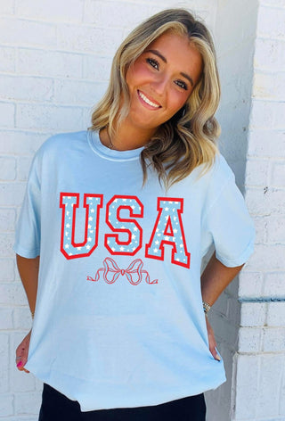 USA Stars and Bow Comfort Color Tee (Custom)- 4th of july,AMERICAN FLAG,Curvy,Flag,flag tee,graphic,graphic T-shirt,GRAPHIC TEE,Graphic Tees,graphic tshirt,July,July 4,July 4th,patriotic,PLUS,Seasonal,Tops,USA-Ace of Grace Women's Boutique
