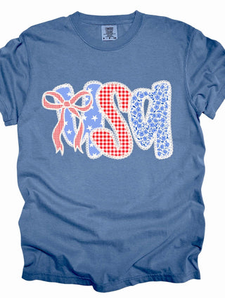Faux Lace USA Comfort Color Tee (Custom)- 4th of july,AMERICAN FLAG,Curvy,Flag,flag tee,graphic,graphic T-shirt,GRAPHIC TEE,Graphic Tees,graphic tshirt,July,July 4,July 4th,LACE,patriotic,PLUS,Seasonal,Tops,USA-Ace of Grace Women's Boutique