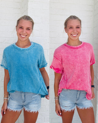 Washed Waffle Short Sleeve Top- clothing,Curvy,mineral,MINERAL WASH,MINERAL WASHED,PLUS,Tops,waffle,WAFFLE KNIT,WAFFLE KNIT TOP-Ace of Grace Women's Boutique