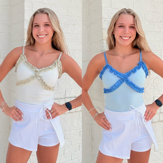 Ruffle Trim Tank Top- adjustable straps,athletic,athletic tank,blue tank,BLUE TANK TOP,cami,camisole,clothing,Curvy,PLUS,plus size,summer tank,tank,tank top,Tops,V-NECK TANK TOP,white tank-Ace of Grace Women's Boutique