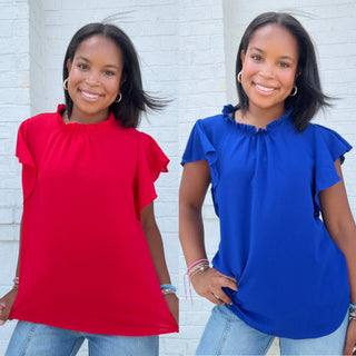 Ruffle Sleeve Solid Top- 4th of july,blue,Curvy,game,game day,Game day shirt,July,July 4,July 4th,PLUS,RED,Seasonal,Tops-Ace of Grace Women's Boutique