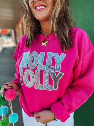 Holly Jolly Sequin Patch Sweatshirt- christmas sweatshirt,Curvy,Holly Jolly,HOLLY JOLLY CHRISTMAS,holly jolly pullover,HOT PINK,oversized sweatshirt,pink,pink sweatshirt,PLUS,plus size,plus size sweatshirt,plus sweatshirt,Seasonal,sweatshirt,SWEATSHIRTS,Tops-Ace of Grace Women's Boutique