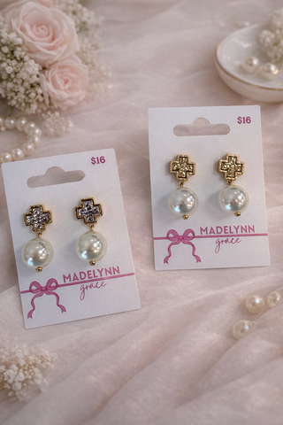 MADELYNN GRACE Pearl Cross Earrings- Cross,Cross earrings,Cross gold,EARRINGS,GOLD,gold earrings,Jewelry,Madelynn,MadelynnGrace,PEARL,PEARL EARRINGS,PEARLS,SILVER,silver earrings-Ace of Grace Women's Boutique