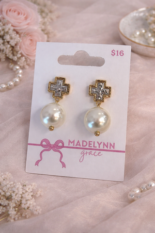 MADELYNN GRACE Pearl Cross Earrings- Cross,Cross earrings,Cross gold,EARRINGS,GOLD,gold earrings,Jewelry,Madelynn,MadelynnGrace,PEARL,PEARL EARRINGS,PEARLS,SILVER,silver earrings-Silver-Ace of Grace Women's Boutique
