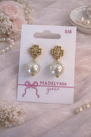MADELYNN GRACE Pearl Cross Earrings- Cross,Cross earrings,Cross gold,EARRINGS,GOLD,gold earrings,Jewelry,Madelynn,MadelynnGrace,PEARL,PEARL EARRINGS,PEARLS,SILVER,silver earrings-Gold-Ace of Grace Women's Boutique