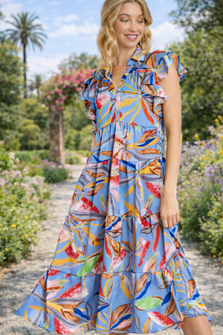 Leaf Print Tiered Midi Dress- beach dress,blue dress,church dress,colorful dress,curv,Curvy,dress,dresses & rompers,floral dress,flowy dress,long dress,maxi dress,Midi Dress,PLUS-Ace of Grace Women's Boutique