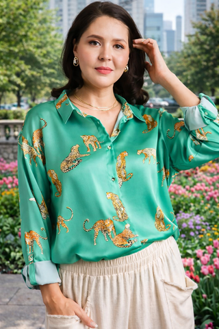 Satin Animal Print Top- animal,ANIMAL PRINT,CHEETAH TOP,COLORFUL TOP,Curvy,leopard top,long sleeve top,pink top,PLUS,plus size,PLUS SIZE TOP,plus sizes,satin top,summer work top,TOP,Tops,WORK TOP-Green-S-Ace of Grace Women's Boutique