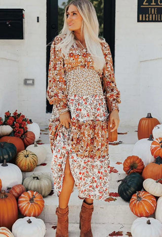 PREORDER - Fall Floral Print Midi Dress- Curvy,dresses & rompers,FALL,fall clothes,fall transition,floral,floral dress,floral pattern,floral print,florals,Midi Dress,Patchwork,PLUS,PREORDER,tiered,tiered dress-Ace of Grace Women's Boutique