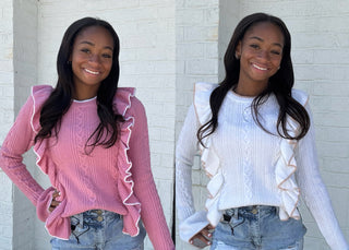 Cable Knit Ruffle Sweater- bow sweater,clothing,cream sweater,fuzzy sweater,knit sweater,LIGHT PINK,pink,pink sweater,pink top,RUFFLE SWEATER,RUFFLE TOP,ruffled,RUFFLED SWEATER,RUFFLES,Seasonal,SWEATER,sweater top,sweaters,Tops,white sweater-Ace of Grace Women's Boutique