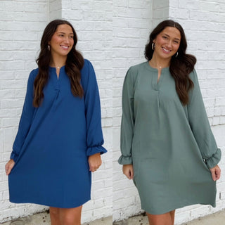 Long Sleeve Dress with Collared Neck- blue dress, church dress, clothing, COLLARED DRESS, Curvy, dress, dresses & rompers, Dressy, FALL, fall clothes, flowy dress, GREEN DRESS, GREEN PLUS SIZE DRESS, NAVY, Navy blue, olive, plus size dress, WOMENS DRESS, WOVEN-Ace of Grace Women's Boutique