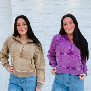 Acid Wash Half Zip Pullover | 2 colors- half zip,Lulu,outerwear,pullover,Scooba,Scuba,Tops-Ace of Grace Women's Boutique