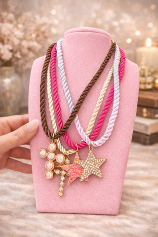 MADELYNN GRACE Sweet Charm Corded Necklace-necklace- BROWN,Charm,charm necklace,COLOR,COLORFUL,Cross,cross necklace,HOT PINK,Jewelry,MadelynnGrace,NECKLACE,necklaces,STAR,Star necklace-Ace of Grace Women's Boutique