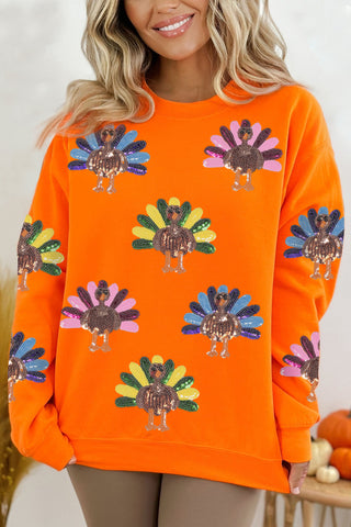 Sequin Turkey Thanksgiving Top-Graphic/Graphic Sweatshirts- Color Orange,Craft Sequin,curv,Curvy,Day Thanksgiving,PLUS,Season Fall & Autumn,Seasonal,Style Casual,thanksgiving,thanksgiving shirt,Tops,turkey-Orange-S-70%Polyester+30%Cotton-Ace of Grace Women's Boutique