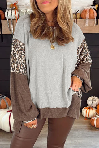Gray Color Block Leopard Patchwork Dolman Sleeve High Low Baggy Sweatshirt-Tops/Sweatshirts & Hoodies- Best Sellers,Color Gray,Craft Patchwork,Occasion Daily,Print Color Block,Print Leopard,Season Fall & Autumn,Style Casual-Ace of Grace Women's Boutique
