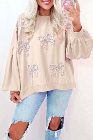Embroidered Bow Sleeve Oversized Pullover-Tops/Sweatshirts & Hoodies- Color Khaki,Craft Applique,Craft Embroidery,Curvy,Day Valentine's Day,Detail Bow,Full Size S-3XL,Occasion Daily,Print Bow,Season Fall & Autumn,Style Southern Belle,Tiktok Showroom,Tops-Parchment-S-65%Polyester+35%Cotton-Ace of Grace Women's Boutique