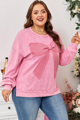 Waffle Patchwork Bow Mineral Wash Pullover-Plus Size/Plus Size Sweatshirts & Hoodies- All In Stock,BOW,Color Pink,Craft Applique,Craft Washed,Curvy,Detail Bow,Fabric Waffle Knit,Hot picks,Occasion Daily,Season Fall & Autumn,Style Casual,Tops-Ace of Grace Women's Boutique