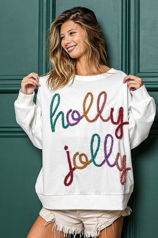 Holly Jolly Sparkly Tinsel Top- clothing,Curvy,Holly Jolly,HOLLY JOLLY CHRISTMAS,holly jolly pullover,PLUS,plus size,plus size sweatshirt,queen of sparkles,QUEEN OF SPARKLES PLUS SIZE,Seasonal,Tops-Ace of Grace Women's Boutique