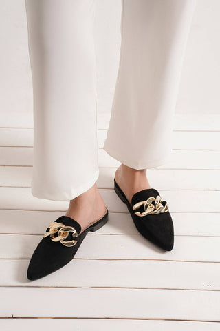Black Mules with Gold Chain-shoe- chain,FOOTWEAR,gold chain,Mule,shoe,Shoes-Ace of Grace Women's Boutique