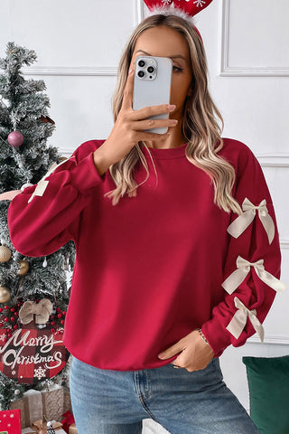 Red Bow Sleeve Crewneck Sweatshirt-Tops/Sweatshirts & Hoodies- Color Red,Day Valentine's Day,Detail Bow,Hot picks,Occasion Daily,Season Fall & Autumn,Style Elegant-Ace of Grace Women's Boutique