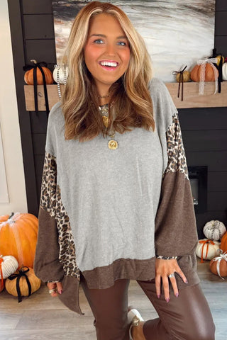 Gray Color Block Leopard Patchwork Dolman Sleeve High Low Baggy Sweatshirt-Tops/Sweatshirts & Hoodies- Best Sellers,Color Gray,Craft Patchwork,Occasion Daily,Print Color Block,Print Leopard,Season Fall & Autumn,Style Casual-Ace of Grace Women's Boutique