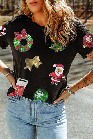 Sequin Christmas Essentials Graphic Tee-Graphic/Graphic Tees- CHRISTMAS,Color Black,Craft Sequin,curv,Curvy,Day Christmas,Detail Bow,PLUS,Print Bow,Print Letter,Season Summer,Seasonal,sparkle season,Style Casual,Tops-Ace of Grace Women's Boutique