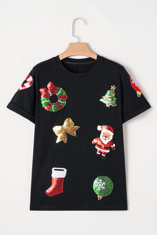 Sequin Christmas Essentials Graphic Tee-Graphic/Graphic Tees- CHRISTMAS,Color Black,Craft Sequin,curv,Curvy,Day Christmas,Detail Bow,PLUS,Print Bow,Print Letter,Season Summer,Seasonal,sparkle season,Style Casual,Tops-Ace of Grace Women's Boutique