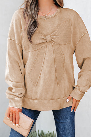 Beige Mineral Wash Bow Pullover-Tops/Sweatshirts & Hoodies- All In Stock,Best In Stock,BOW,Bow detail,BOWS,clothing,Color Brown,Craft Applique,Craft Washed,Curvy,Detail Bow,Occasion Daily,Season Fall & Autumn,Style Western,Tops-Ace of Grace Women's Boutique