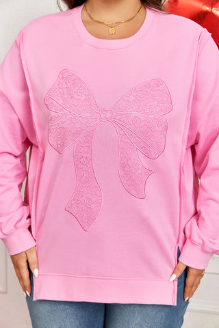 Pink Lace Bow Embroidered Sweatshirt-Plus Size/Plus Size Sweatshirts & Hoodies- All In Stock,BOW,Bow detail,Color Pink,Craft Embroidery,curv,Curvy,Detail Bow,Hot picks,Occasion Daily,PLUS,plus size,Season Fall & Autumn,Style Southern Belle,Tops-Ace of Grace Women's Boutique