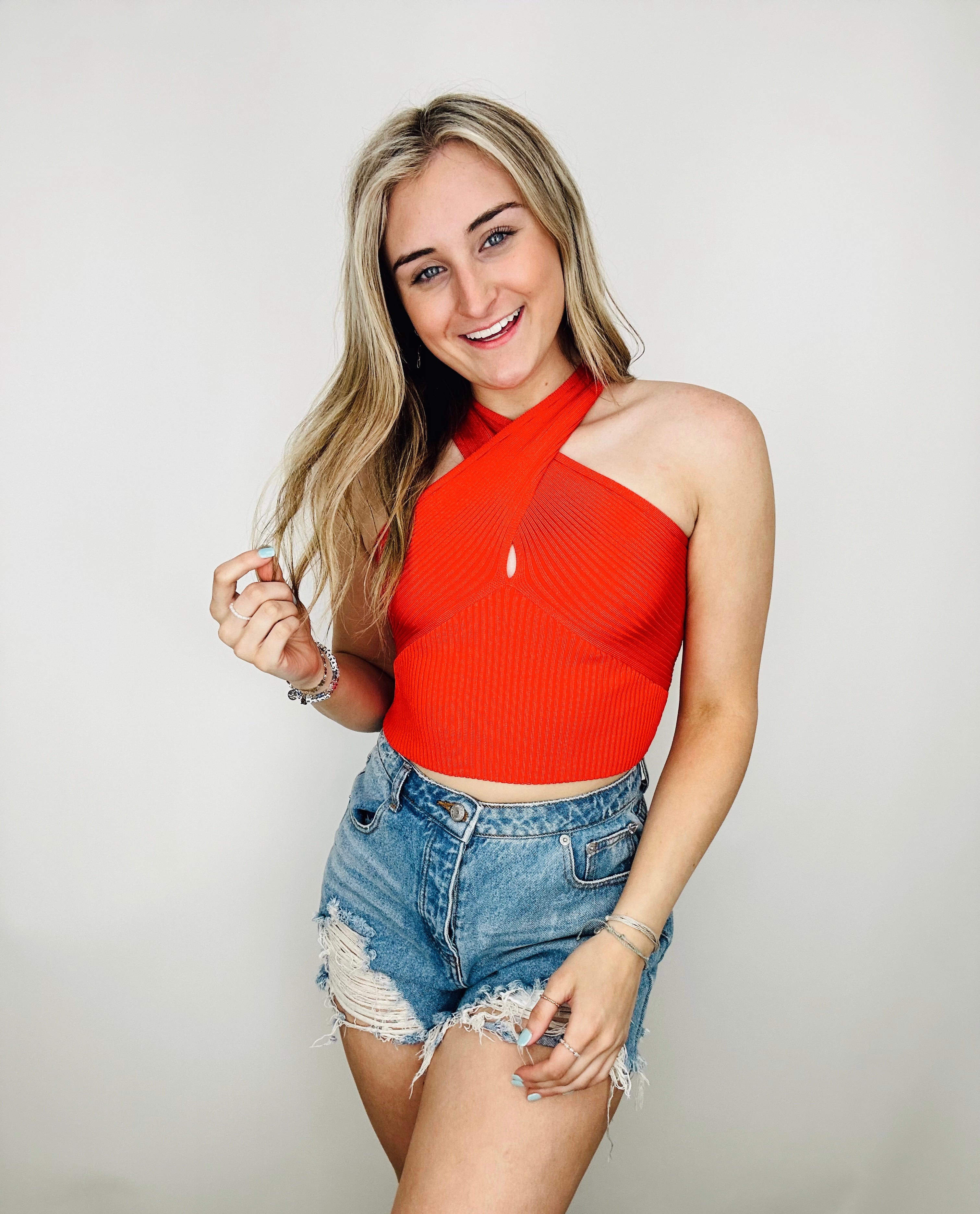 Red Crossed-Neck Knit Top