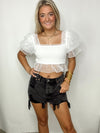White Smocked Ruffle Crop Top- BRIDE, game day, game days, gameday, WHITE, white shirt, white tank, white top-Ace of Grace Women's Boutique