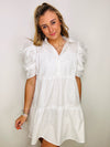 White Button Down Puff Sleeve Dress- babydoll dress, BRIDE, BRIDE DRESS, game day, game days, PUFF SLEEVE, puff sleeves, WHITE, WHITE DRESS-Ace of Grace Women's Boutique